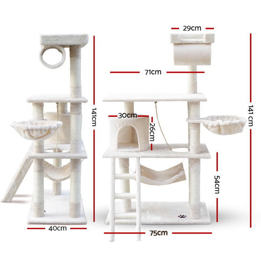 i.Pet Cat Tree 141cm Tower Scratching Post Scratcher Condo Wood House Bed Beige-1