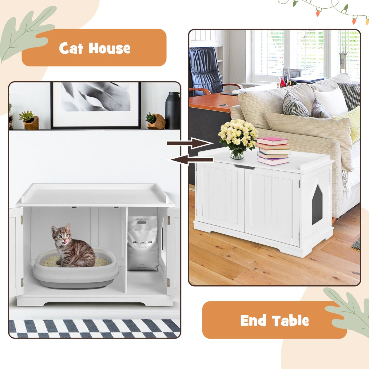 NNECW Cat Litter Box Enclosure With Magnetic Door And Adjustable Partition For Private Cat Space Durable MDF