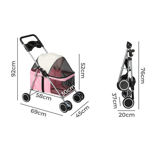PaWz Foldable Pet Stroller Carrier Pink For Dogs And Cats