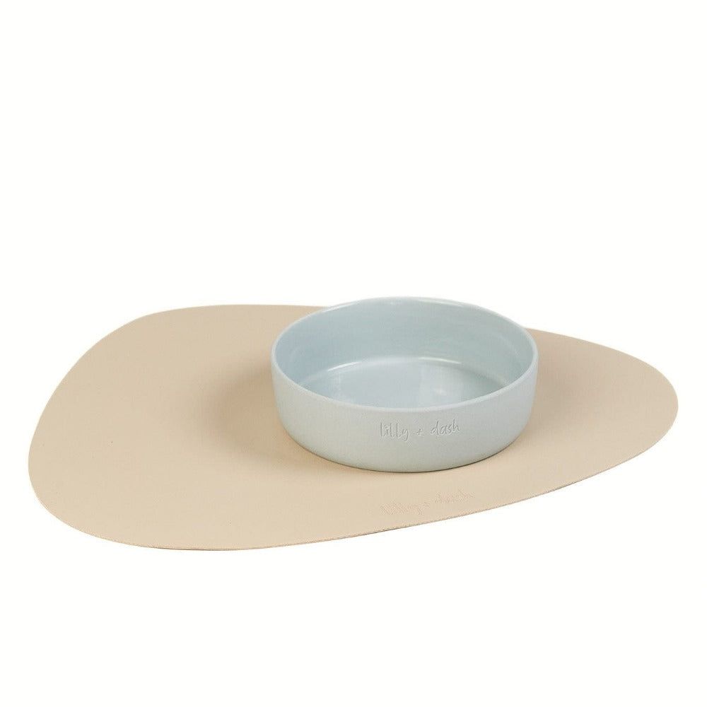 Asymmetric Vegan Leather Placemats 45cm By 37cm Set With Neutral Pet Bowls Wipe Clean