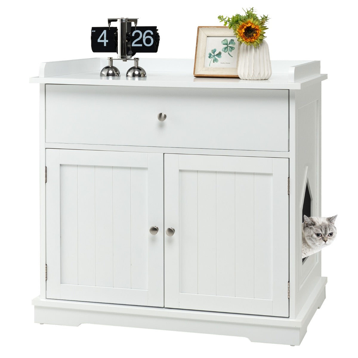 NNECW Modern Cat Litter Box Enclosure With Two Doors White Smooth Sliding Drawer Guardrails Tabletop