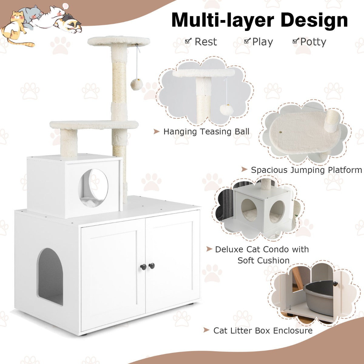 NNECW 2-In-1 Cat Tree With Litter Box Enclosure And Sisal Scratching Posts White Compact