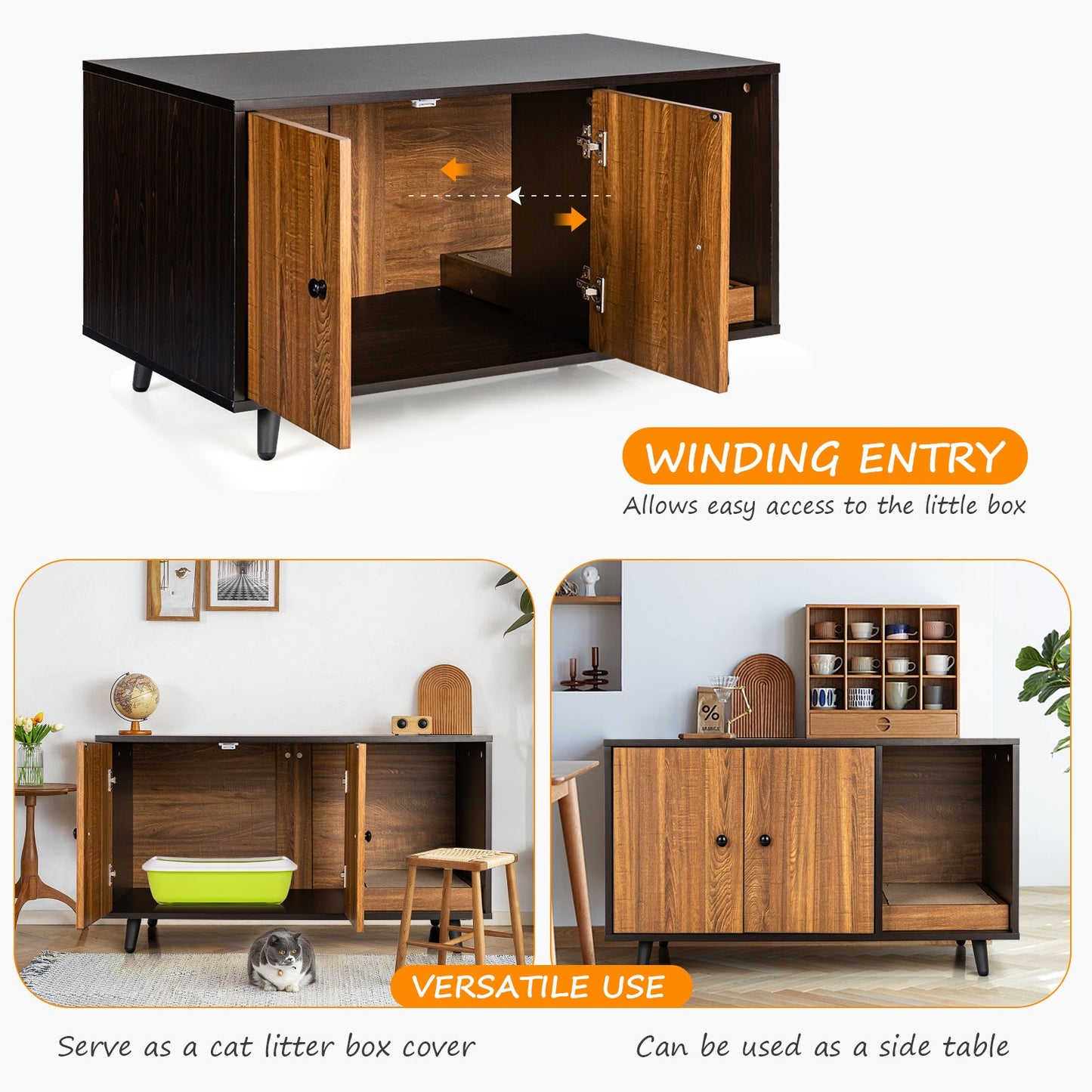NNECW Cat Litter Box Enclosure With Divider For Large Cats Three In One Coffee Table And Cat House