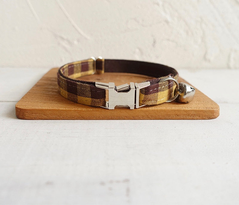 A Tad Of Brown Plaid Cat Collar With Neoprene Comfort And Rose Gold Hardware Fully Adjustable
