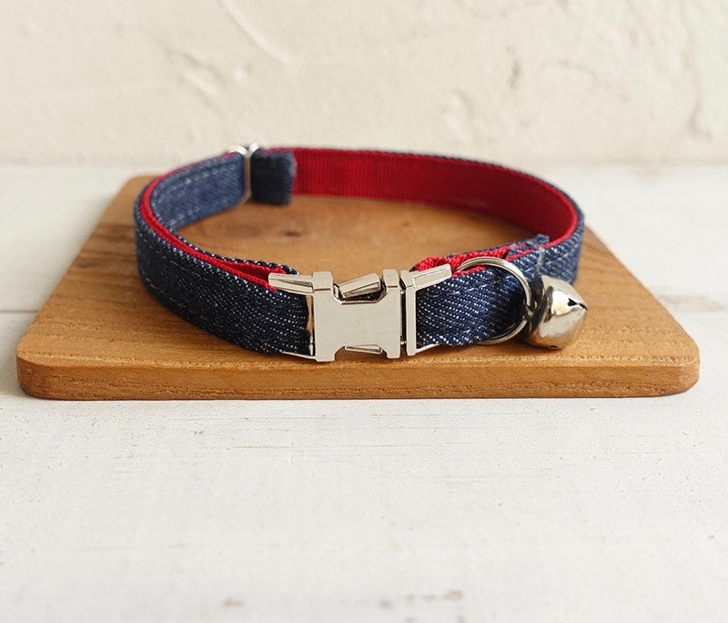 Pawsome Pets Dark Blue Jeans Cat Collar With Rose Gold Hardware D Ring Adjustable Neoprene Comfort