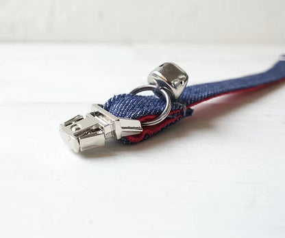 Pawsome Pets Dark Blue Jeans Cat Collar With Rose Gold Hardware D Ring Adjustable Neoprene Comfort