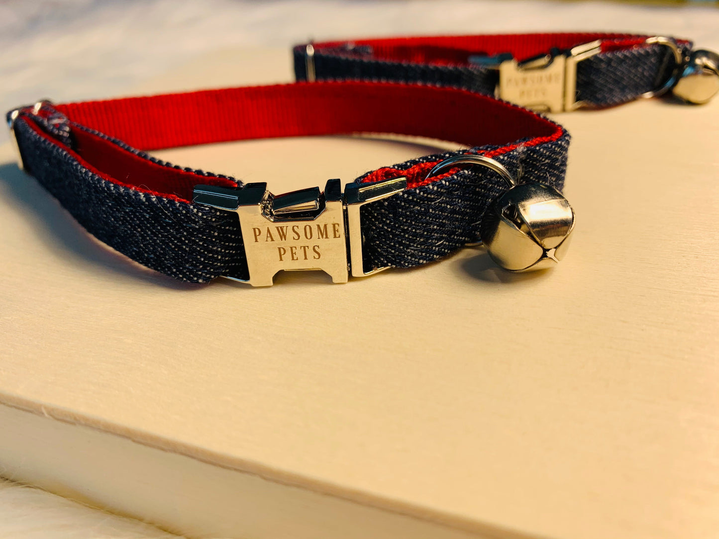 Pawsome Pets Dark Blue Jeans Cat Collar With Rose Gold Hardware D Ring Adjustable Neoprene Comfort