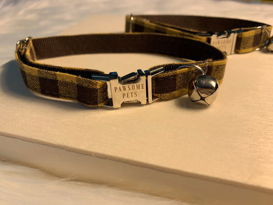 A Tad Of Brown Plaid Cat Collar With Neoprene Comfort And Rose Gold Hardware Fully Adjustable