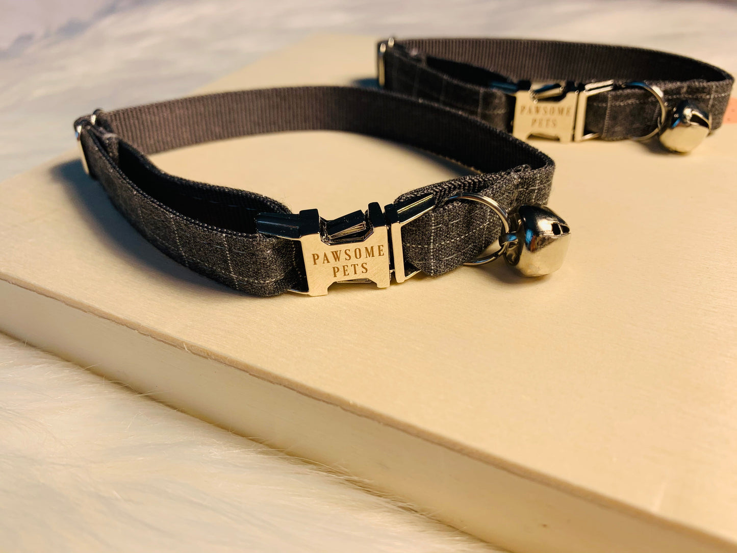 Pawsome Pets Charcoal Plaid Dog Collar With Neoprene Comfort Fully Adjustable Rose Gold Hardware