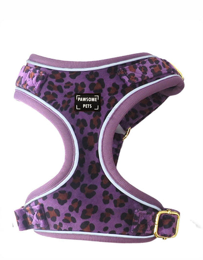 Adjustable Purple Leopard Dog And Cat Harness Chest Vest Style Designer Pet Harness For Everyday Walks
