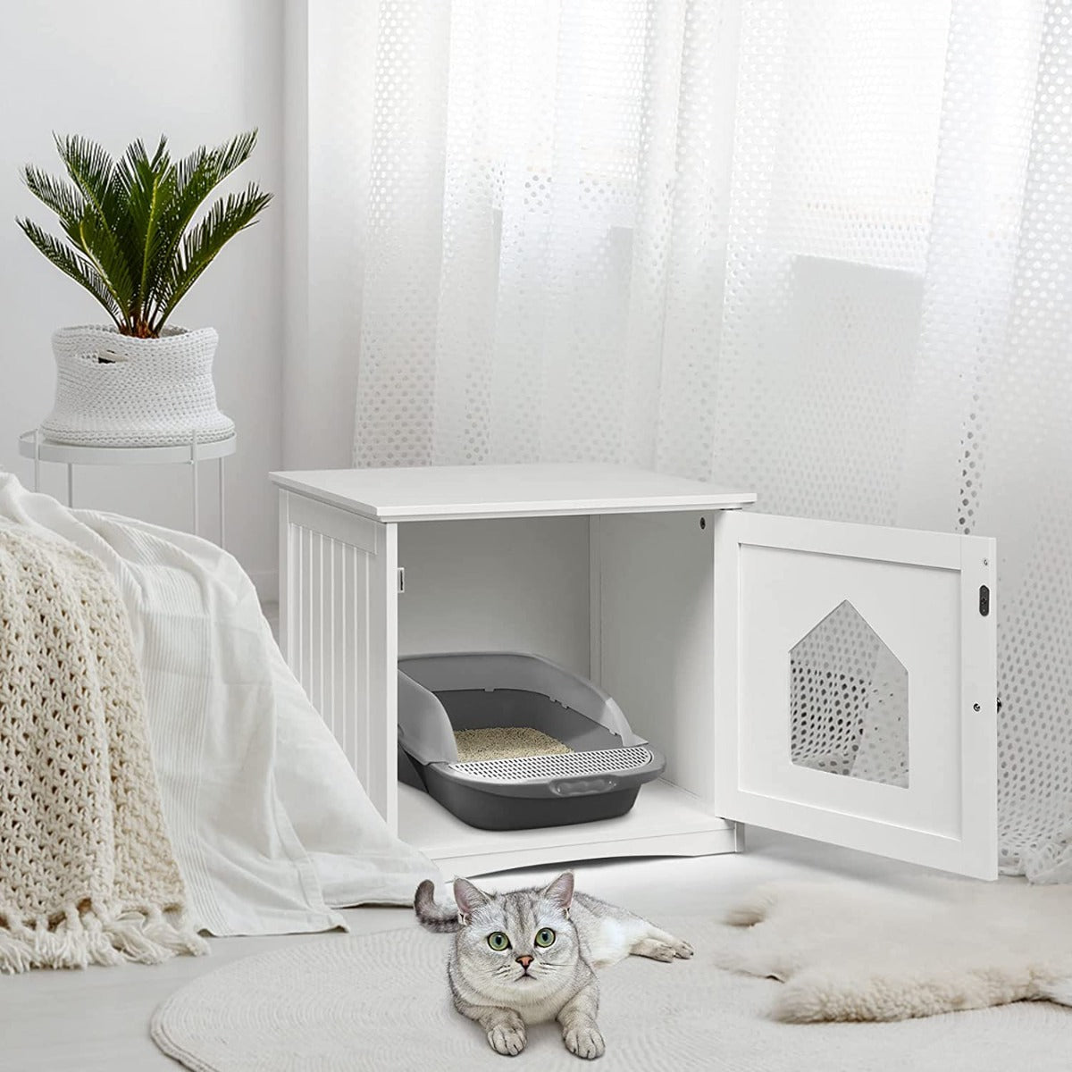 NNECW Cat Hidden Litter Enclosure Box Nightstand With Wide Top Surface And Cat Access Door