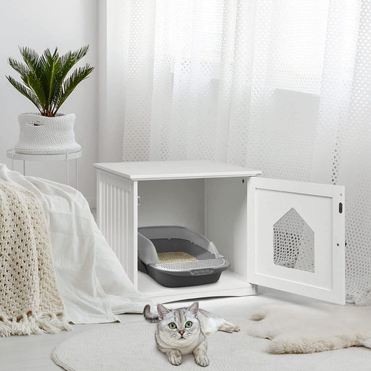NNECW Cat Hidden Litter Enclosure Box Nightstand With Wide Top Surface And Cat Access Door