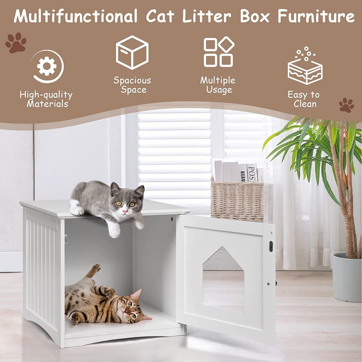 NNECW Cat Hidden Litter Enclosure Box Nightstand With Wide Top Surface And Cat Access Door