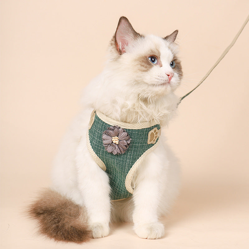 Floral Green Adjustable Cat Harness Three Sizes Fit Most Cats Durable Comfort For Pets