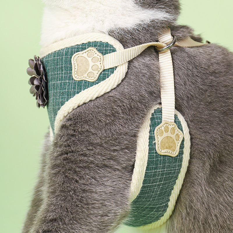 Floral Green Adjustable Cat Harness Three Sizes Fit Most Cats Durable Comfort For Pets