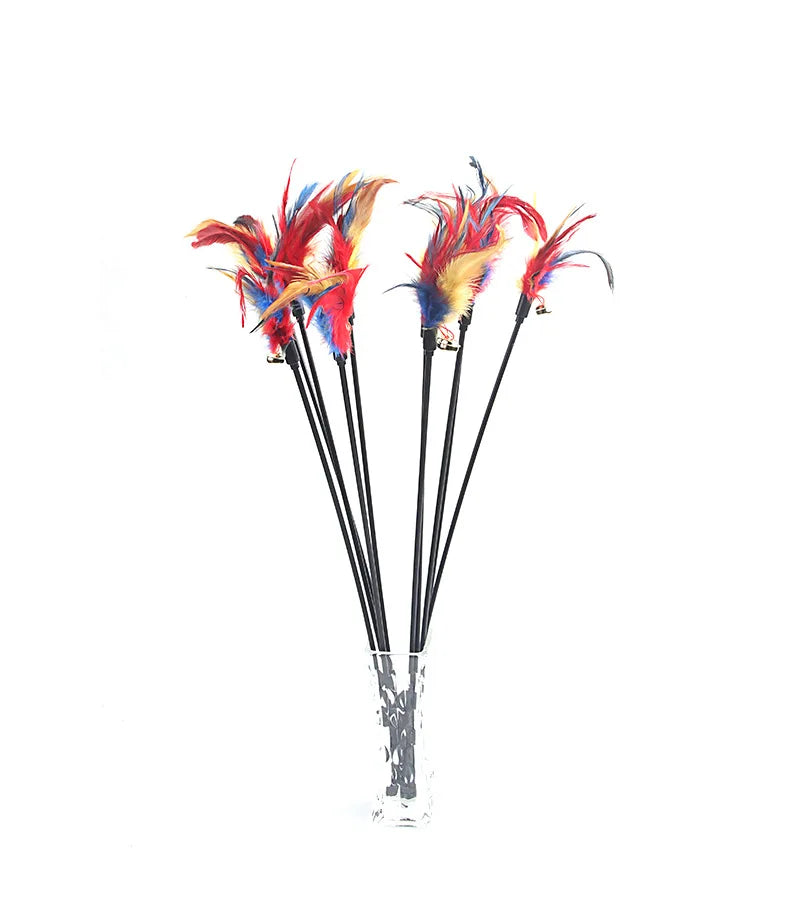 5 Piece Interactive Cat Teaser Wands Set With Feathers And Bell For Engaging Playtime And Exercise
