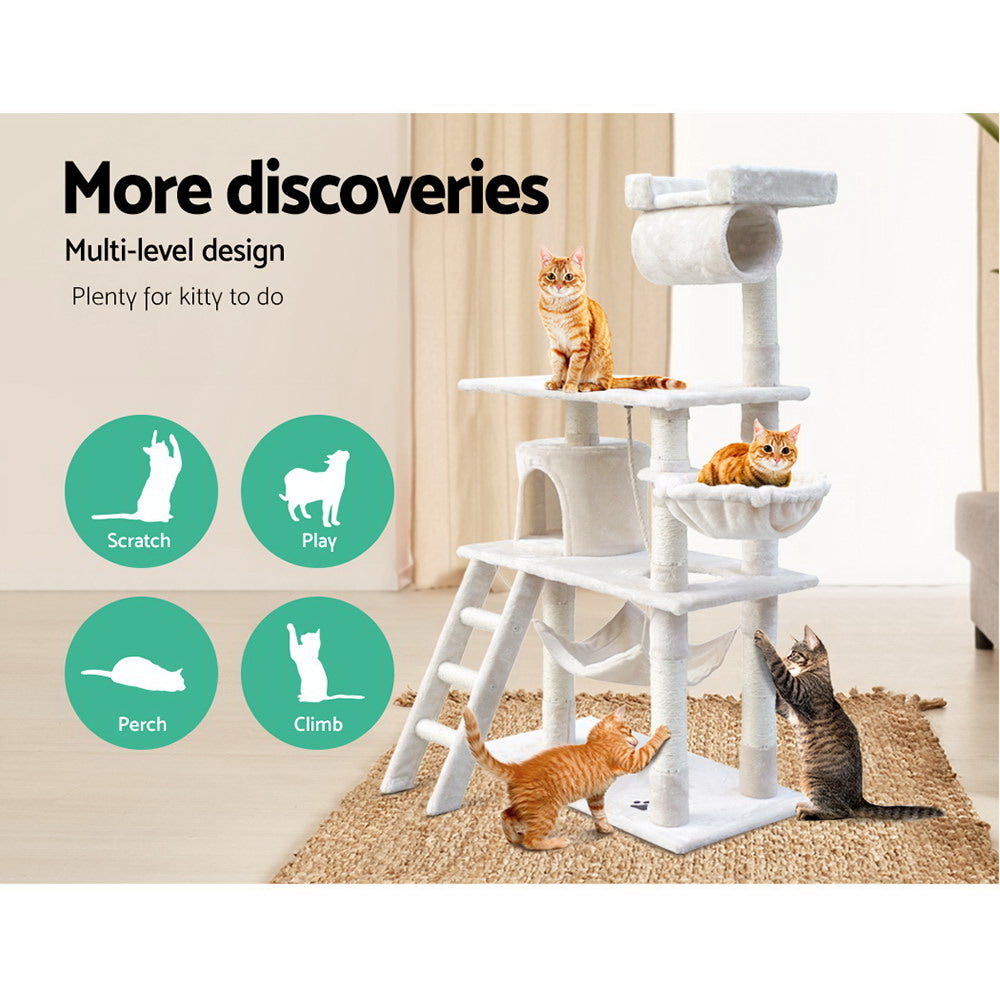i.Pet Cat Tree 141cm Tower Scratching Post Scratcher Condo Wood House Bed Beige-2
