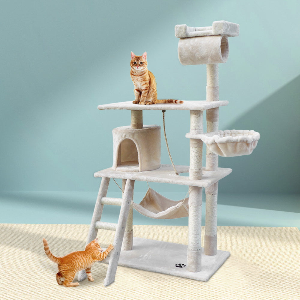 i.Pet Cat Tree 141cm Tower Scratching Post Scratcher Condo Wood House Bed Beige-0