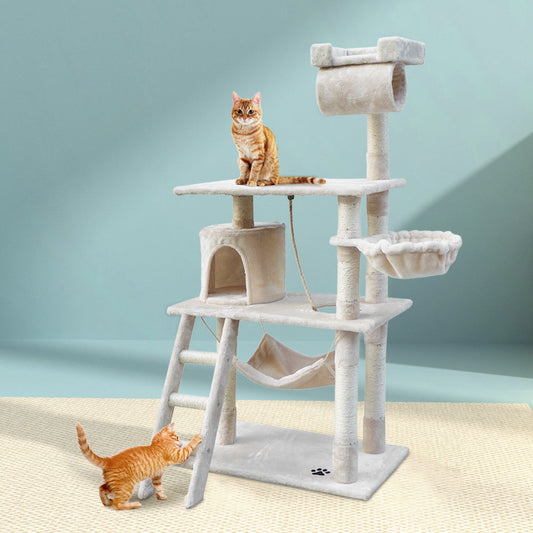 i.Pet Cat Tree 141cm Tower Scratching Post Scratcher Condo Wood House Bed Beige-0