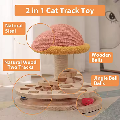 Large Pink Interactive Cat Scratching Post With Ball Track Mushroom Toy