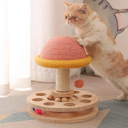 Large Pink Interactive Cat Scratching Post With Ball Track Mushroom Toy