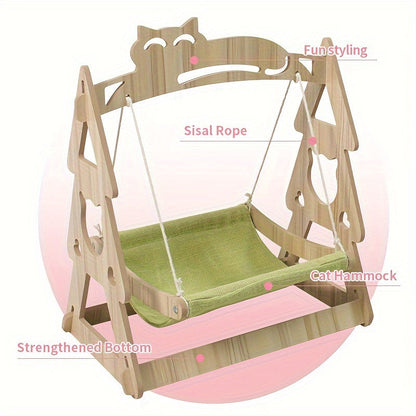 Cat Hammock Tree With Scratching Rope Lounger Bed Natural Sisal MDF Durable Indoor Cat Furniture