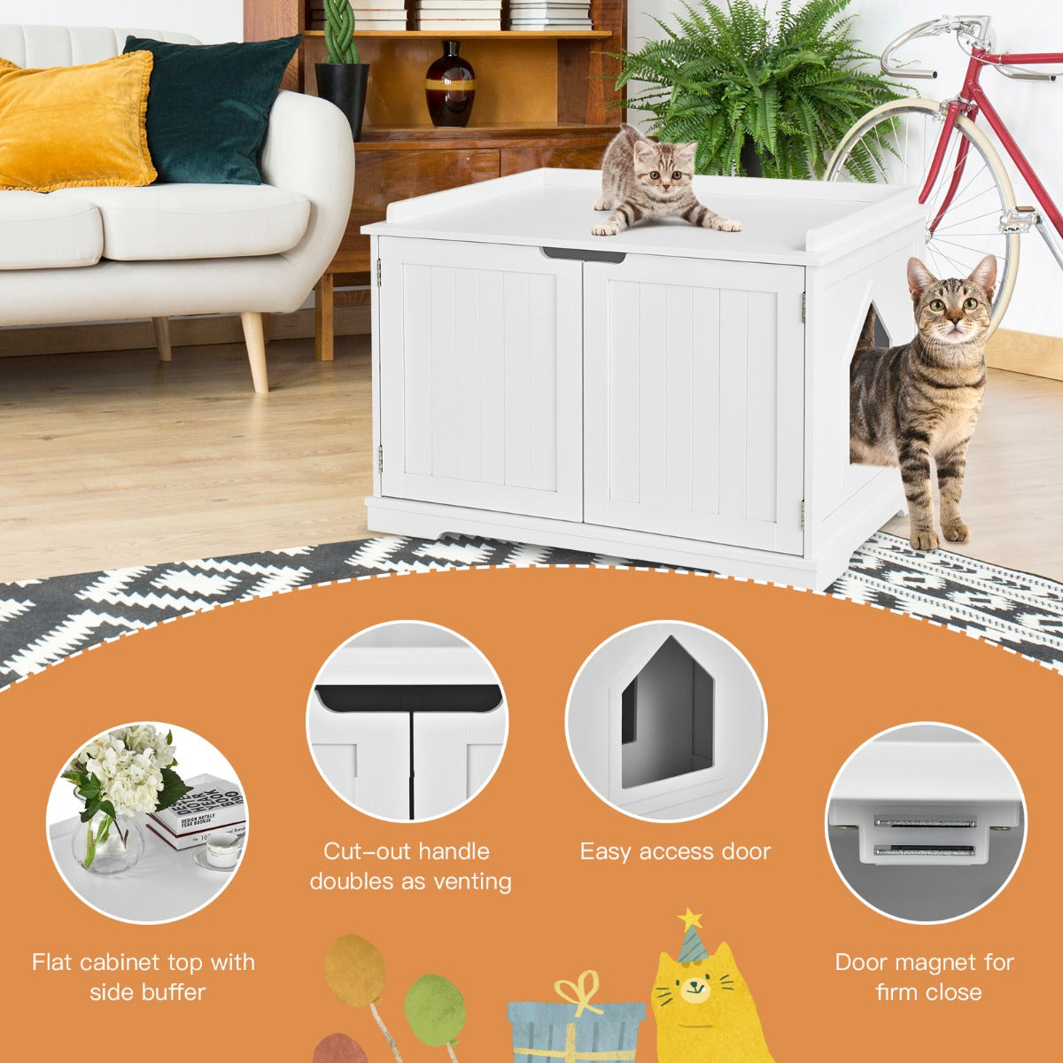 NNECW Cat Litter Box Enclosure With Magnetic Door And Adjustable Partition For Private Cat Space Durable MDF