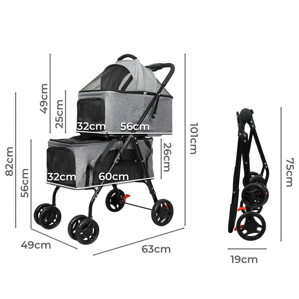 PaWz Two Tier Pet Stroller For Two Dogs Foldable Frame