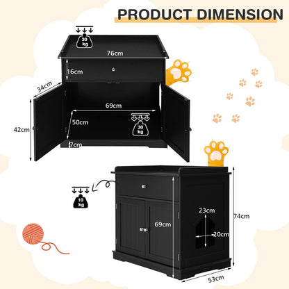 Modern Cat Litter Box Enclosure With Drawer And Two Doors In Black For Safe Hidden Litter Box