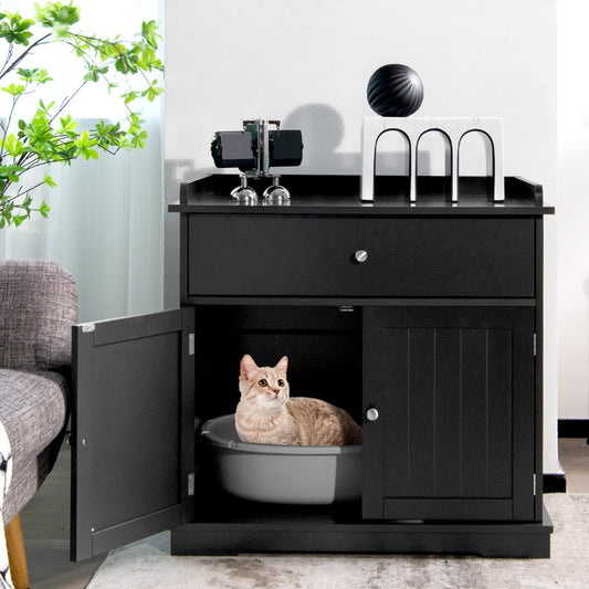 Modern Cat Litter Box Enclosure With Drawer And Two Doors In Black For Safe Hidden Litter Box