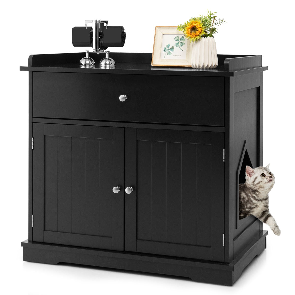Modern Cat Litter Box Enclosure With Drawer And Two Doors In Black For Safe Hidden Litter Box