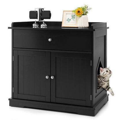 Modern Cat Litter Box Enclosure With Drawer And Two Doors In Black For Safe Hidden Litter Box