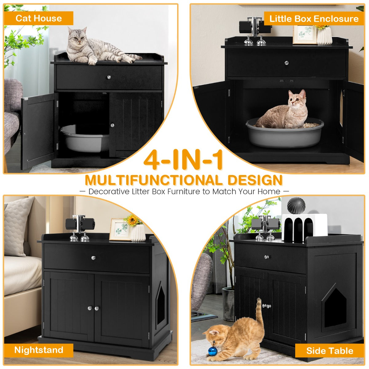 Modern Cat Litter Box Enclosure With Drawer And Two Doors In Black For Safe Hidden Litter Box