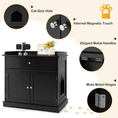 Modern Cat Litter Box Enclosure With Drawer And Two Doors In Black For Safe Hidden Litter Box