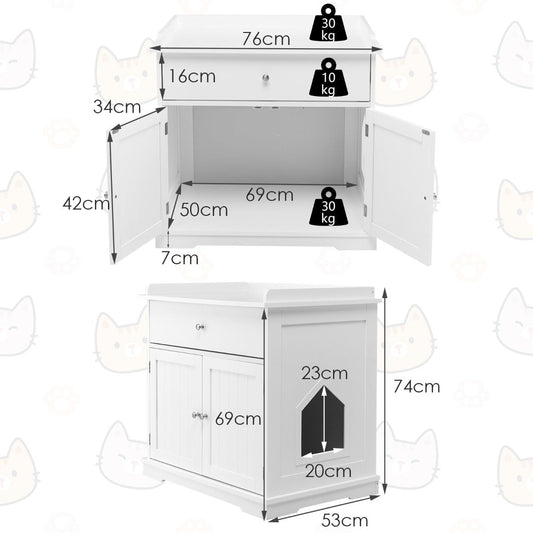 NNECW Modern Cat Litter Box Enclosure With Two Doors White Smooth Sliding Drawer Guardrails Tabletop