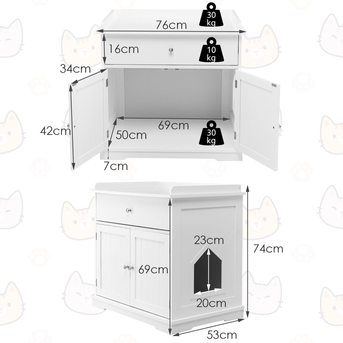 NNECW Modern Cat Litter Box Enclosure With Two Doors White Smooth Sliding Drawer Guardrails Tabletop