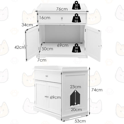 NNECW Modern Cat Litter Box Enclosure With Two Doors White Smooth Sliding Drawer Guardrails Tabletop