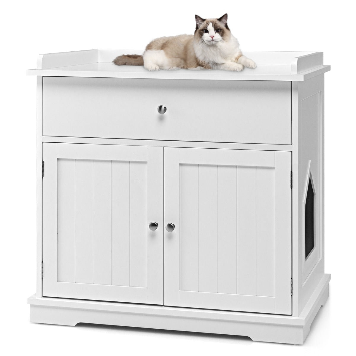 NNECW Modern Cat Litter Box Enclosure With Two Doors White Smooth Sliding Drawer Guardrails Tabletop