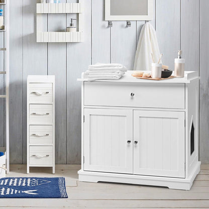 NNECW Modern Cat Litter Box Enclosure With Two Doors White Smooth Sliding Drawer Guardrails Tabletop