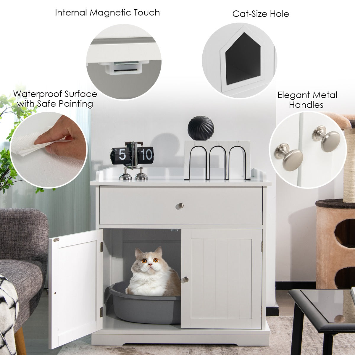 NNECW Modern Cat Litter Box Enclosure With Two Doors White Smooth Sliding Drawer Guardrails Tabletop