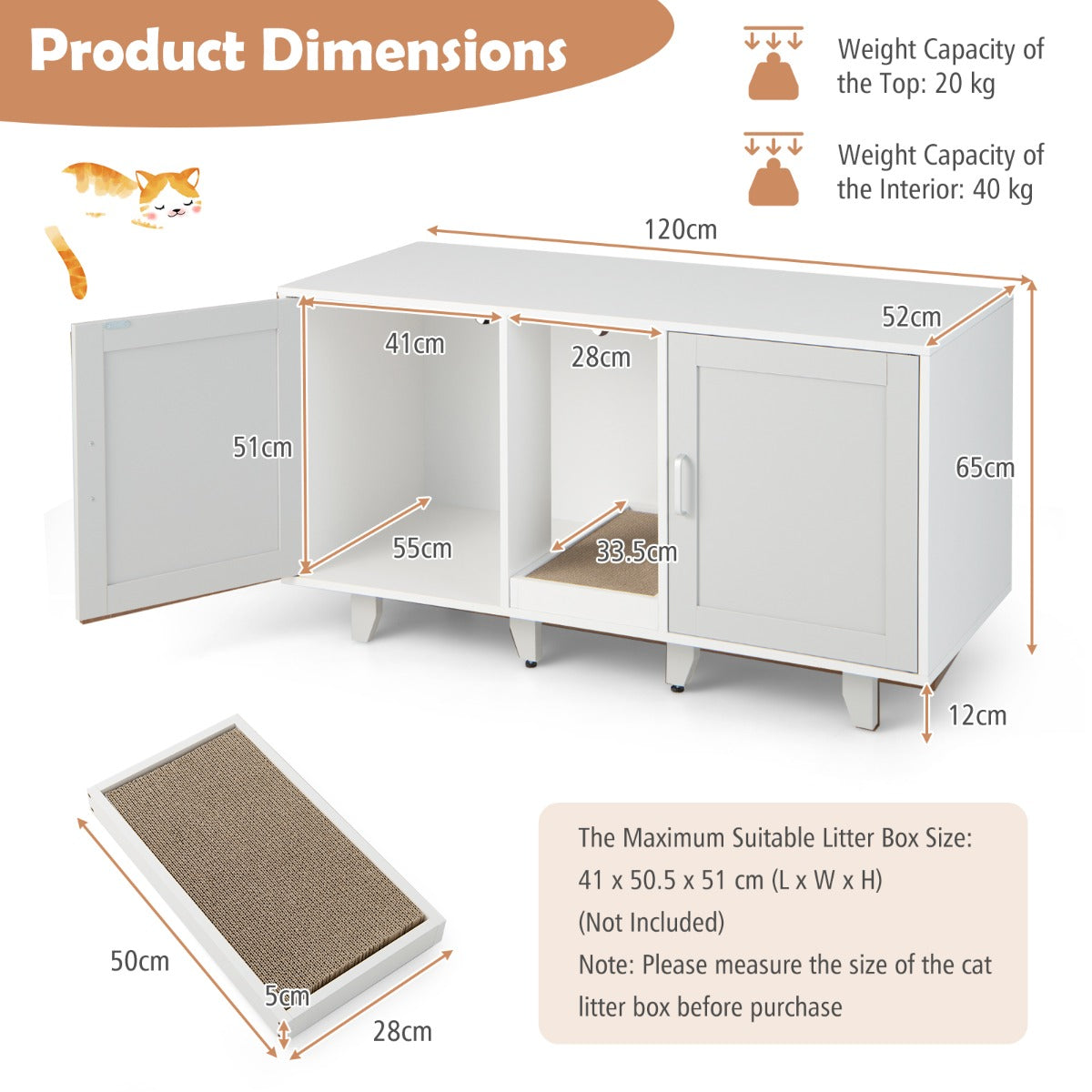 NNECW Cat Litter Box Enclosure TV Stand With Scratching Board For Two Cats Two Compartments Up To 50 Inches