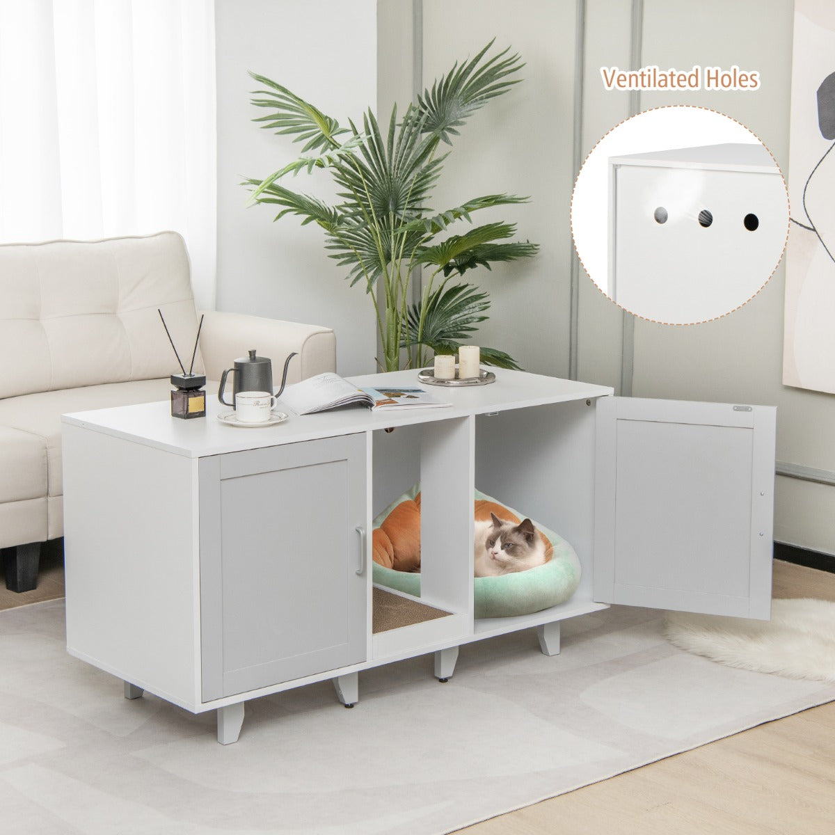 NNECW Cat Litter Box Enclosure TV Stand With Scratching Board For Two Cats Two Compartments Up To 50 Inches