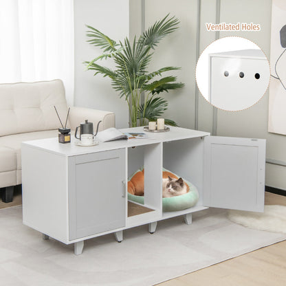NNECW Cat Litter Box Enclosure TV Stand With Scratching Board For Two Cats Two Compartments Up To 50 Inches