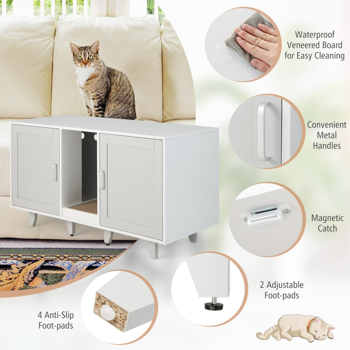 NNECW Cat Litter Box Enclosure TV Stand With Scratching Board For Two Cats Two Compartments Up To 50 Inches