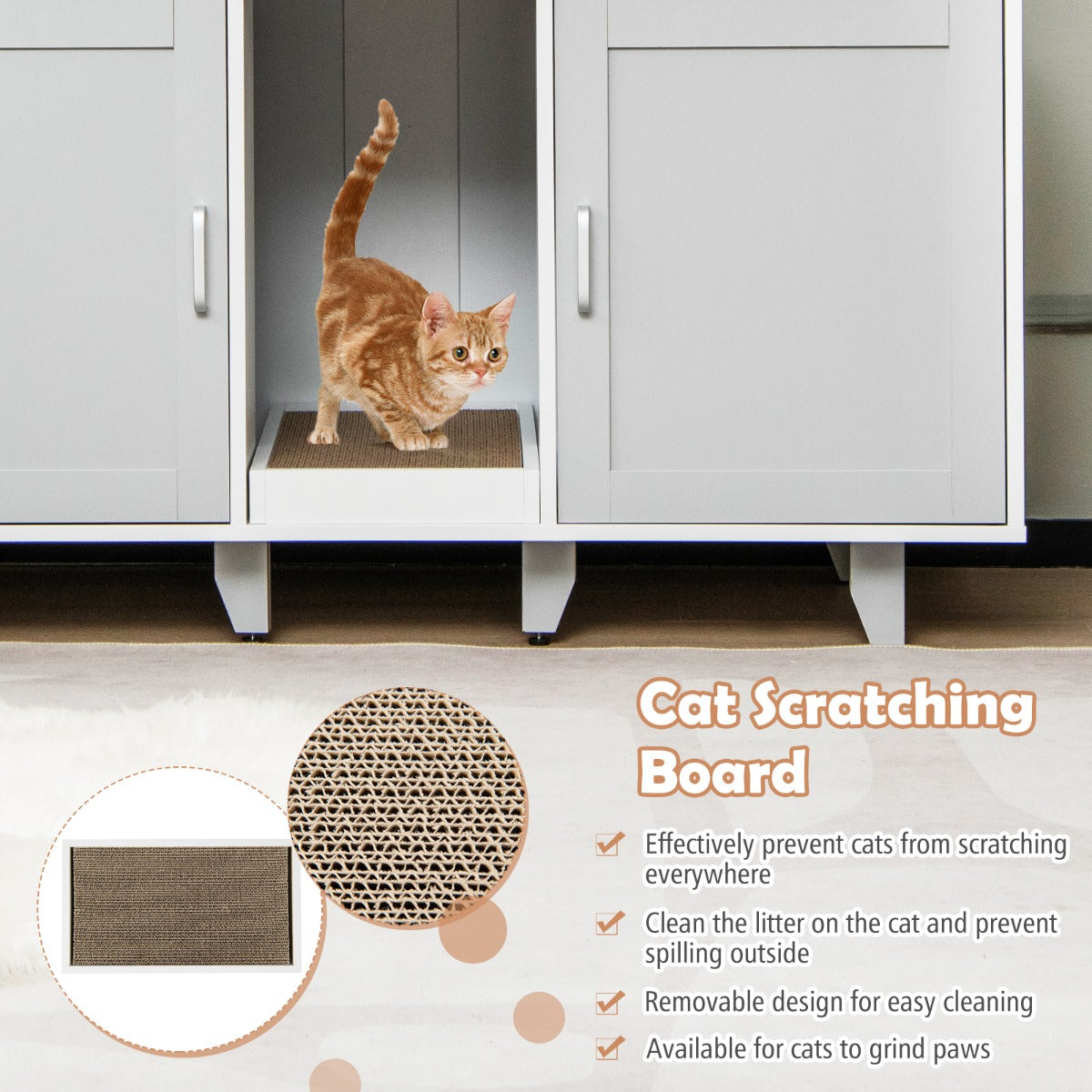NNECW Cat Litter Box Enclosure TV Stand With Scratching Board For Two Cats Two Compartments Up To 50 Inches
