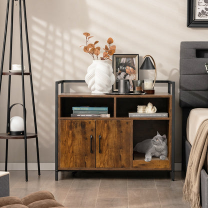 NNECW Cat Litter Box Enclosure With Double Doors And Ventilated Privacy Cabinet Coffee Finish