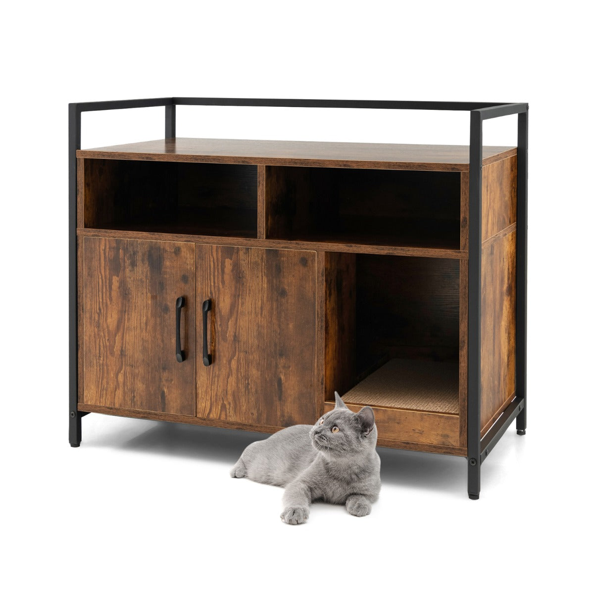 NNECW Cat Litter Box Enclosure With Double Doors And Ventilated Privacy Cabinet Coffee Finish