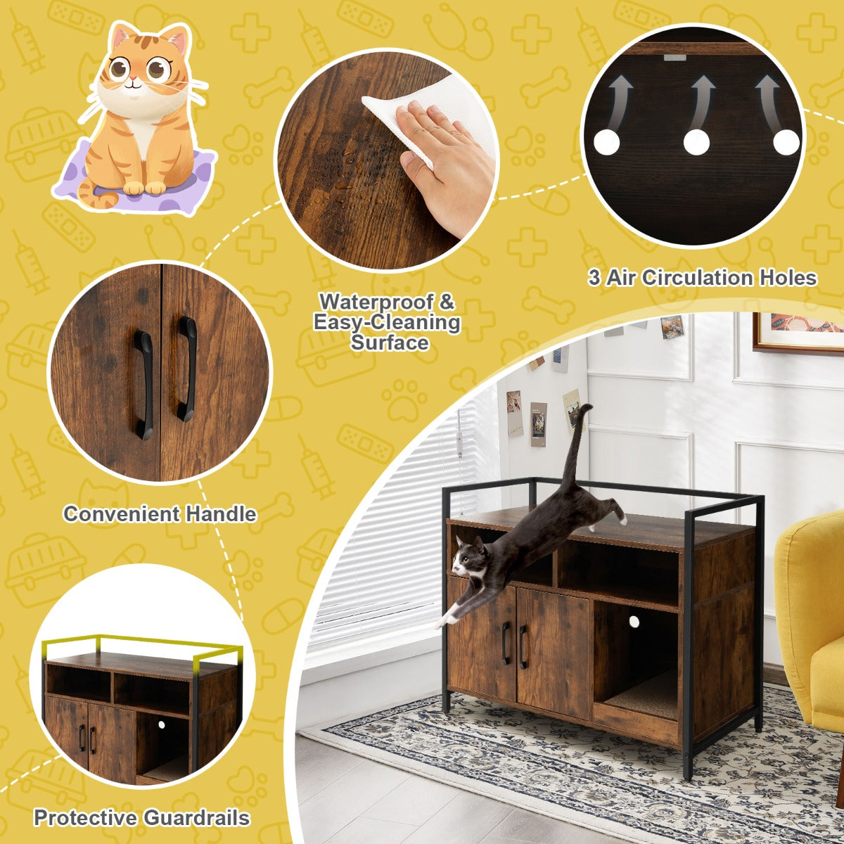 NNECW Cat Litter Box Enclosure With Double Doors And Ventilated Privacy Cabinet Coffee Finish