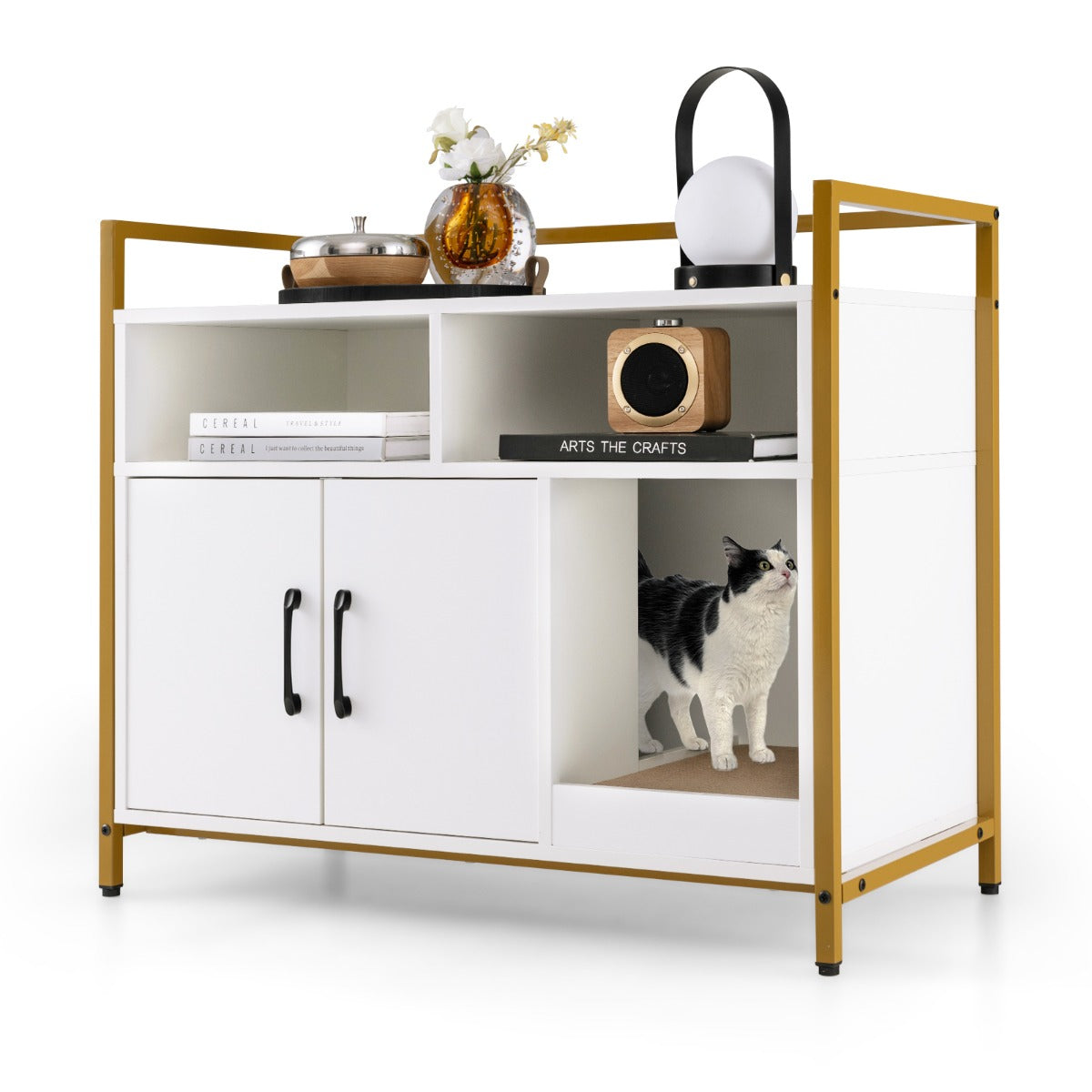 NNECW Cat Litter Box Enclosure With Double Doors And Scratch Cardboard White Finish