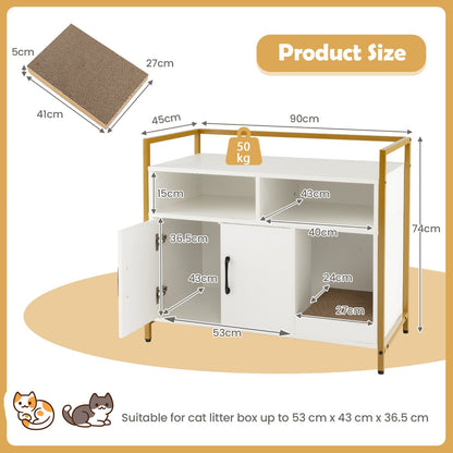 NNECW Cat Litter Box Enclosure With Double Doors And Scratch Cardboard White Finish